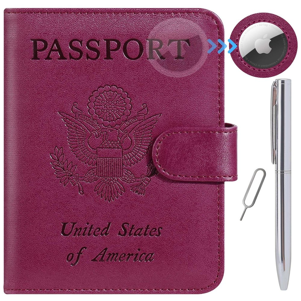 Airtag Passport Holder Cover Wallet RFID Blocking Leather Case Travel Essentials Luggage Accessories Travel Must Have(118#Purple)