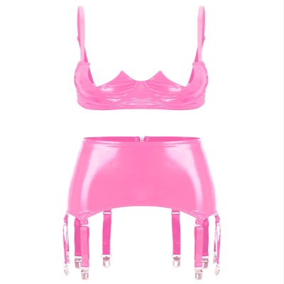 Linjinx Women's Sexy Club Outfits PVC Leather 2 Piece Crop Top with Skirt Set with Garter Belts Pink Medium