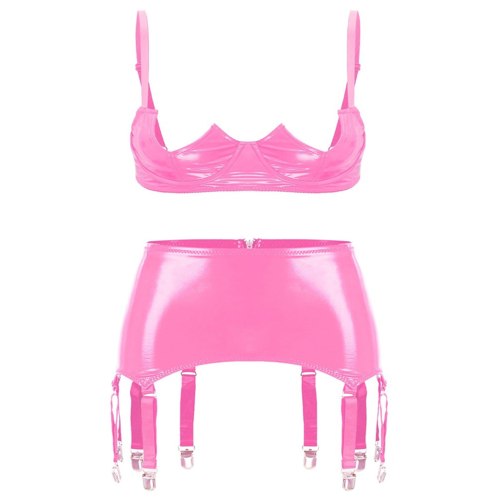 Linjinx Women's Sexy Club Outfits PVC Leather 2 Piece Crop Top with Skirt Set with Garter Belts Pink Medium