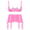 Linjinx Women's Sexy Club Outfits PVC Leather 2 Piece Crop Top with Skirt Set with Garter Belts Pink Medium view 2