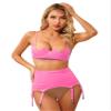 Linjinx Women's Sexy Club Outfits PVC Leather 2 Piece Crop Top with Skirt Set with Garter Belts Pink Medium view 3