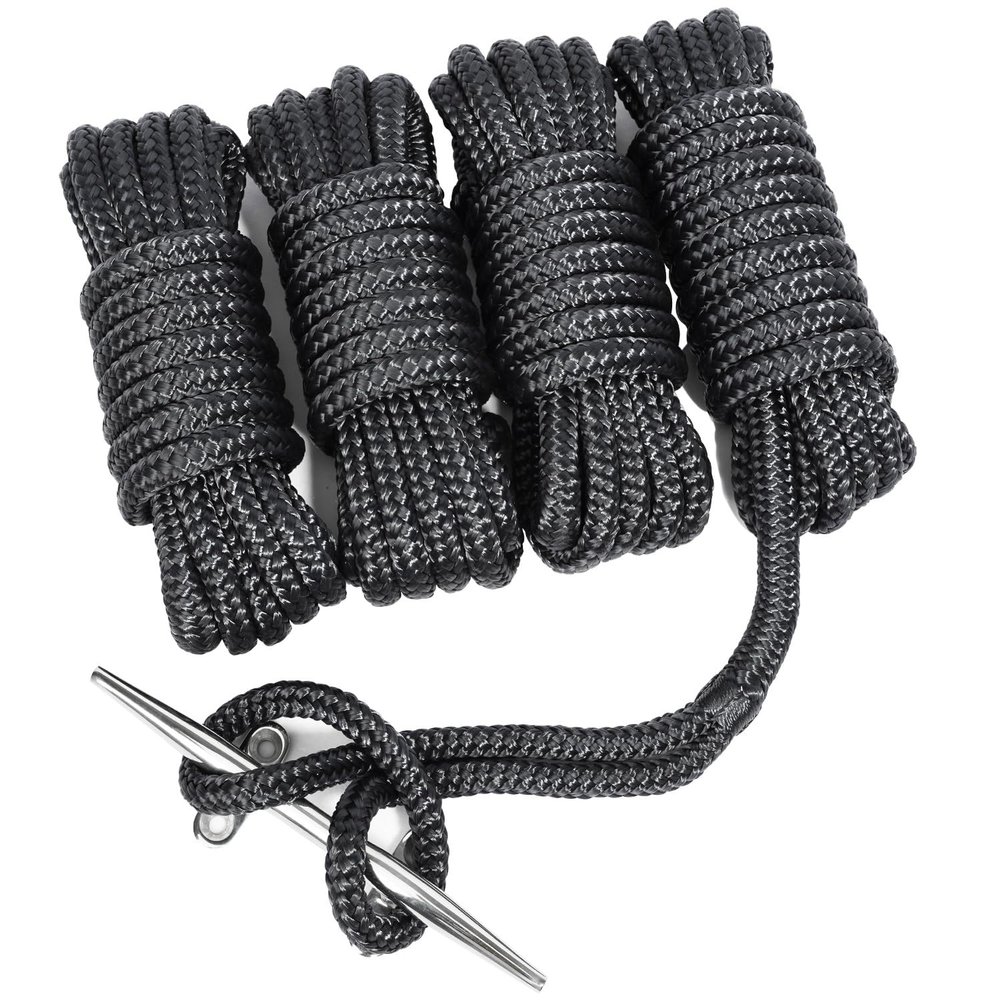 TUNORD 1/2 x 15' Marine-Grade Double-Braided Dock Line with 12 Eyelet.Hi-Performance Boat Rope Mooring Rope Dock Line (4 Pack, Black)