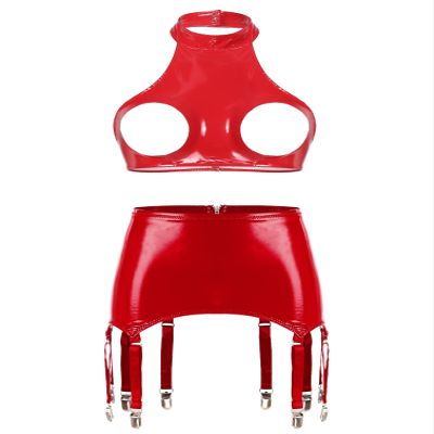 Linjinx Women's Sexy Club Outfits PVC Leather 2 Piece Crop Top with Skirt Set with Garter Belts Red Type A X-Large