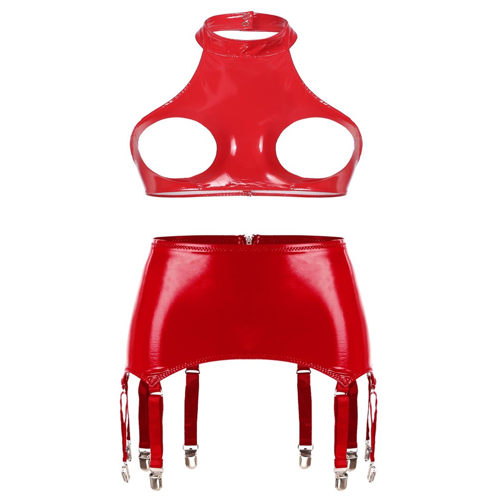 Linjinx Women's Sexy Club Outfits PVC Leather 2 Piece Crop Top with Skirt Set with Garter Belts Red Type A X-Large
