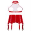 Linjinx Women's Sexy Club Outfits PVC Leather 2 Piece Crop Top with Skirt Set with Garter Belts Red Type A X-Large view 2