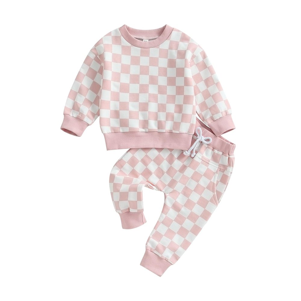 BOIBOKOKO Toddler Baby Boy Fall Winter Outfit Checkered Color Block Long Sleeve Sweatshirt Top Jogger Pants Cute Clothes Set (Pink, 4-5 Years)