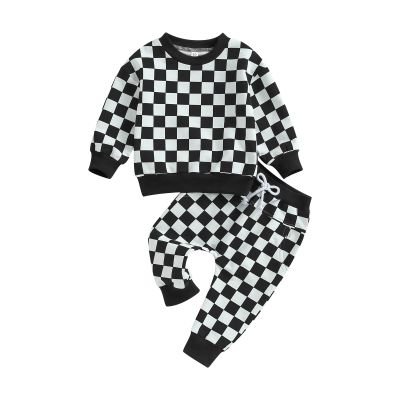 BOIBOKOKO Toddler Baby Boy Fall Winter Outfit Checkered Color Block Long Sleeve Sweatshirt Top Jogger Pants Cute Clothes Set (Black A, 2-3 Years)