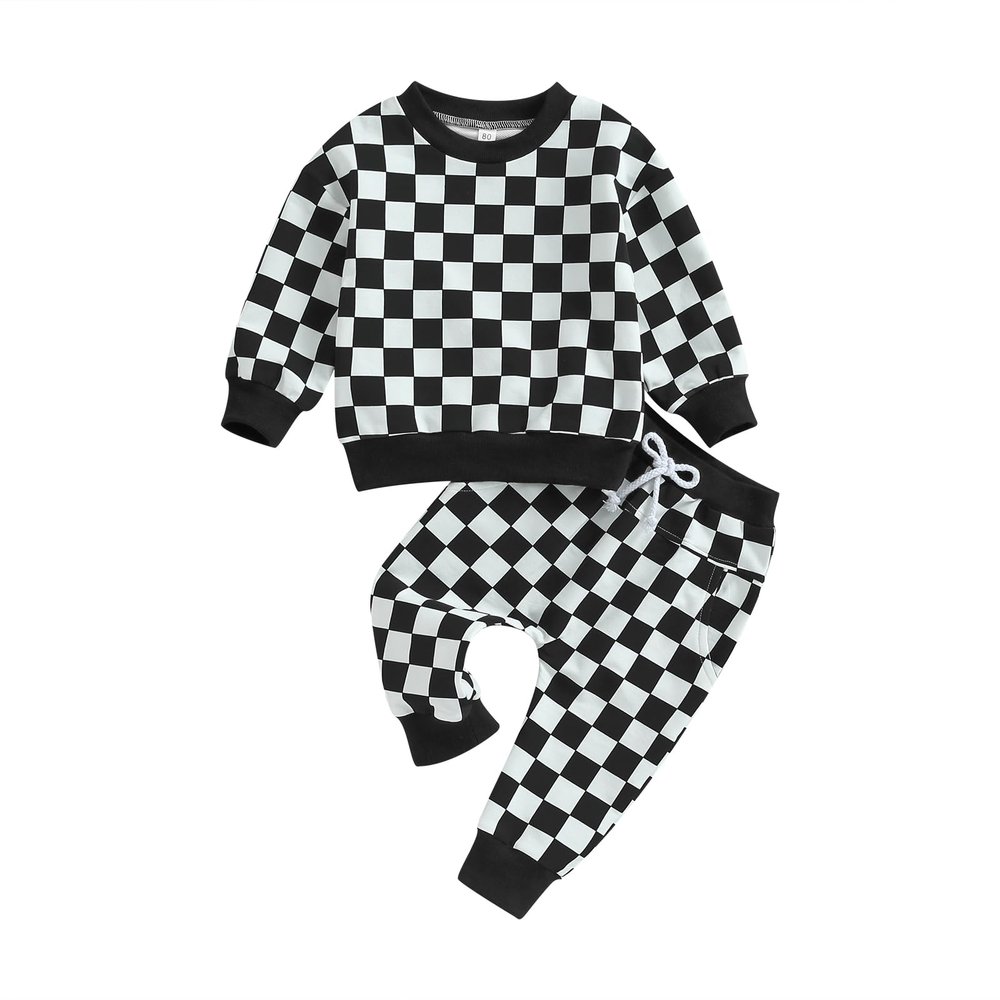 BOIBOKOKO Toddler Baby Boy Fall Winter Outfit Checkered Color Block Long Sleeve Sweatshirt Top Jogger Pants Cute Clothes Set (Black A, 2-3 Years)