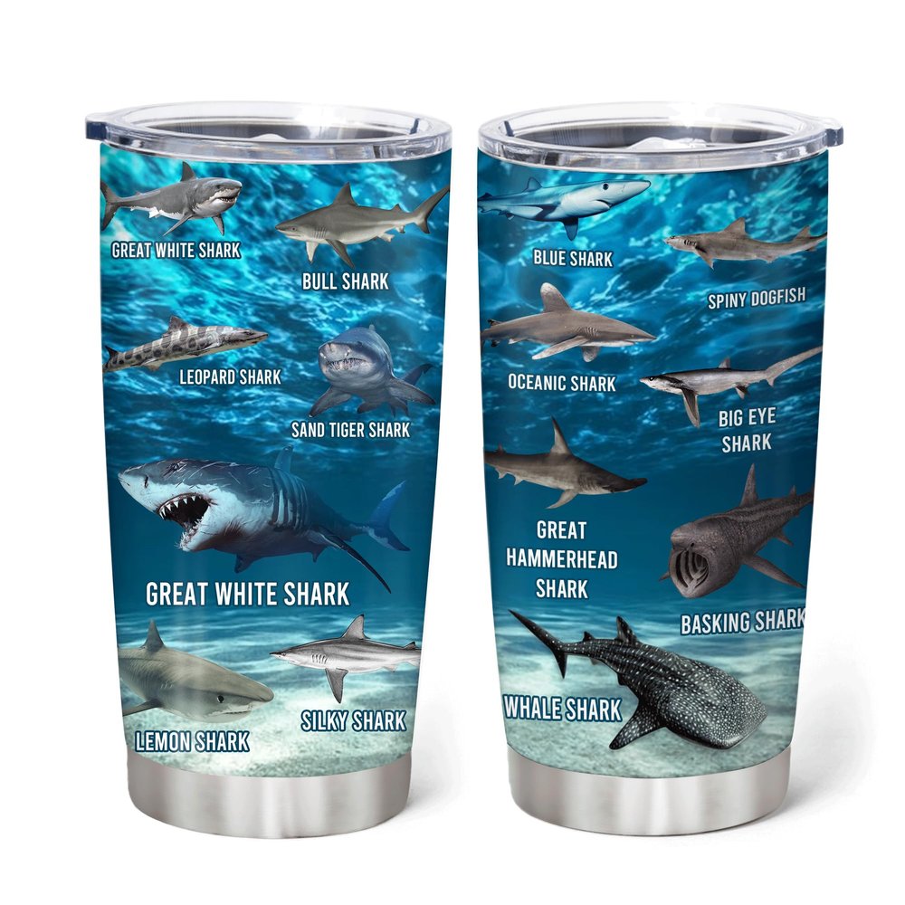 Hyturtle Personalized Gifts Shark Lover - Sharks Printed Customized Name Stainless Steel Tumbler 20 oz With Lid - Idea Cute Sea Animal Lover Gifts For Women, Girl, Kids On Birthday, Christmas