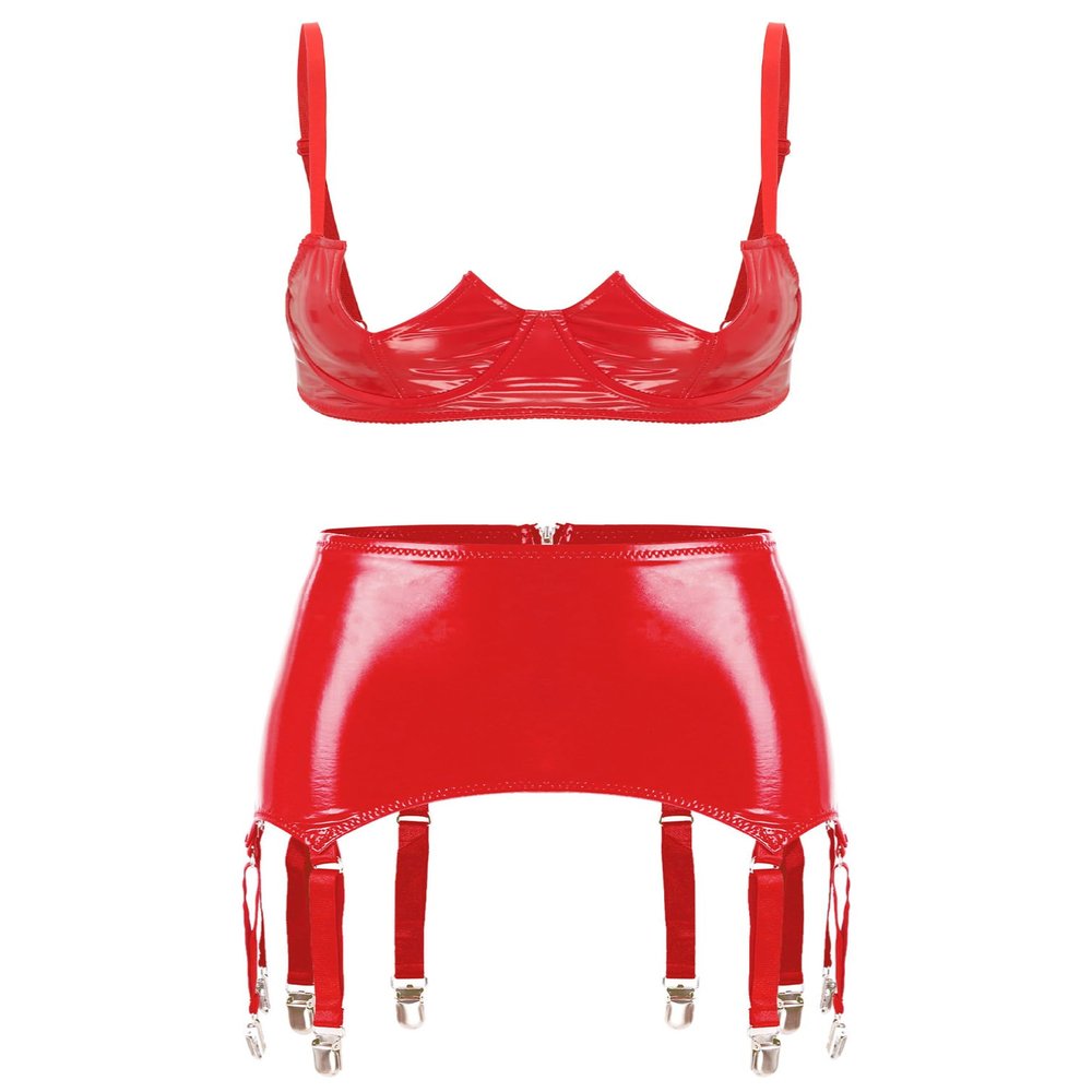 Linjinx Women's Sexy Club Outfits PVC Leather 2 Piece Crop Top with Skirt Set with Garter Belts Red Medium