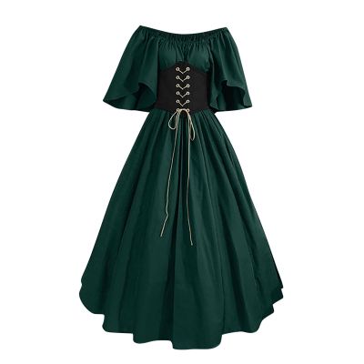 Women's Plus Size Victorian Dress Flare Sleeve Off Shoulder Medieval Dresses with Corset Patchwork Ball Gown