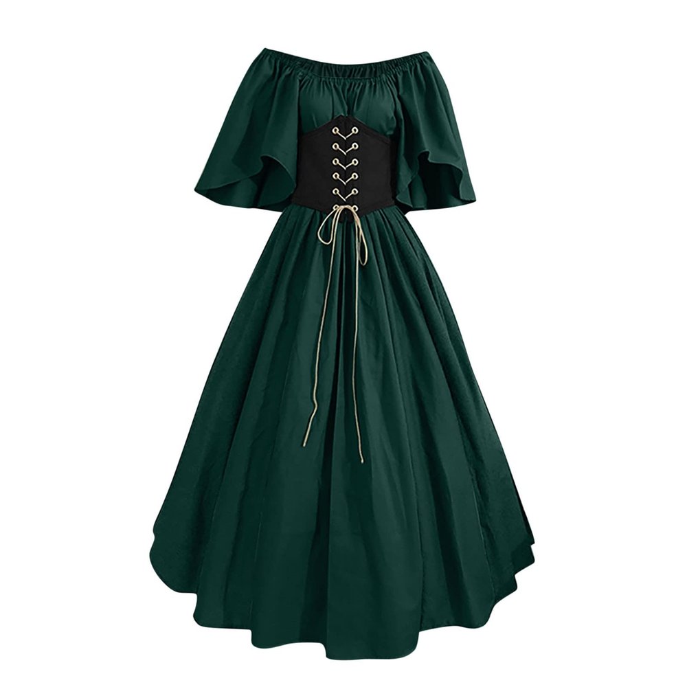Women's Plus Size Victorian Dress Flare Sleeve Off Shoulder Medieval Dresses with Corset Patchwork Ball Gown