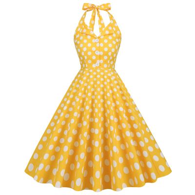 1950s Vintage Halter Dresses 50s Polka Dot Dress for Women 40s Vintage Halter Dresses for Women 50s Rockabilly Cocktail Dresses 60s Vintage Spring Tea Party Swing Dress Yellow White Polka Large