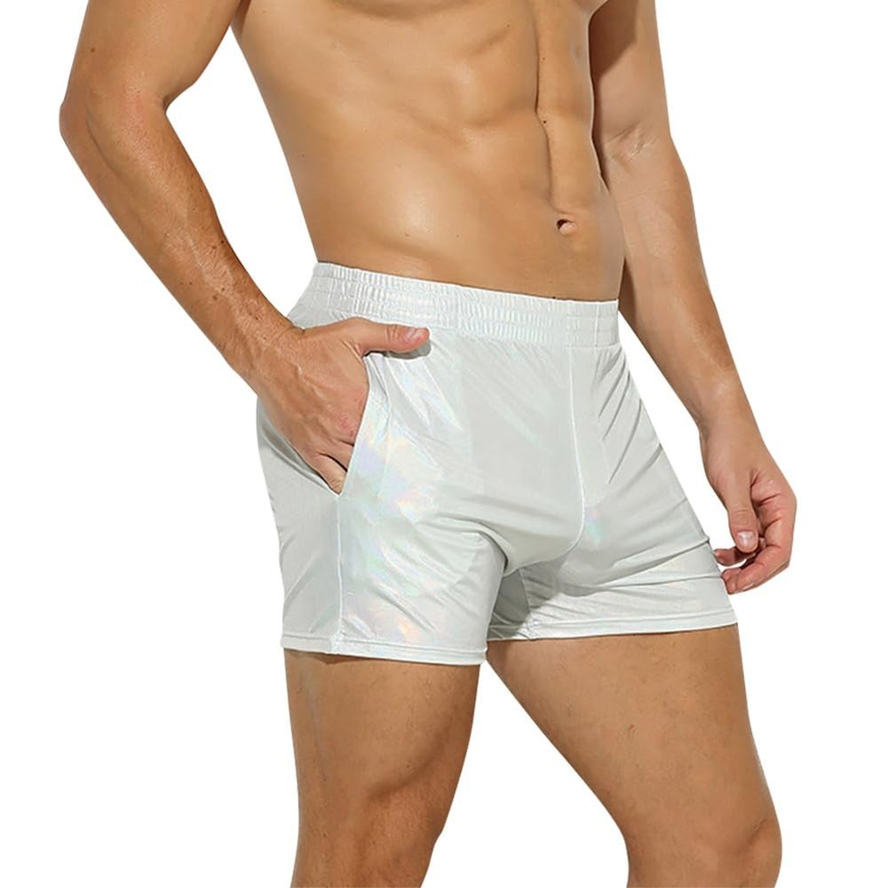 ABAFIP Men's Metallic Shiny Rave Dance Shorts Elastic Waist Hologram Reflective Music Festival Stage Dancewear Bottoms Costume Short Pants Holographic X-Large