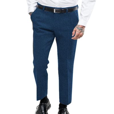 Ceehuteey Men's Retro Dress Suit Pants Thick Wool Flat Front Herringbone Tweed Trousers (Blue,34W/30L)