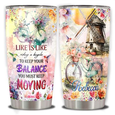 WAZONE Personalized Tumbler Life Is Like Riding A Bicycle Bicycling Gifts Things For Biker Women Bicyclist Vintage Cycling Stainless Steel Cup With Name 20oz 30oz Flower Windmill Travel Mug