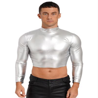 Oyolan Men's Metallic Liquid Shirts Mock Neck Long Sleeve Crop Top Dancing Raves Festivals Costumes Silver X-Large