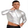 Oyolan Men's Metallic Liquid Shirts Mock Neck Long Sleeve Crop Top Dancing Raves Festivals Costumes Silver X-Large view 3