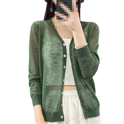 Women's Summer Flower Sand Silk Thin Knitted Cardigan T-Shirt V-Neck Sunscreen Button Coat EN8 L
