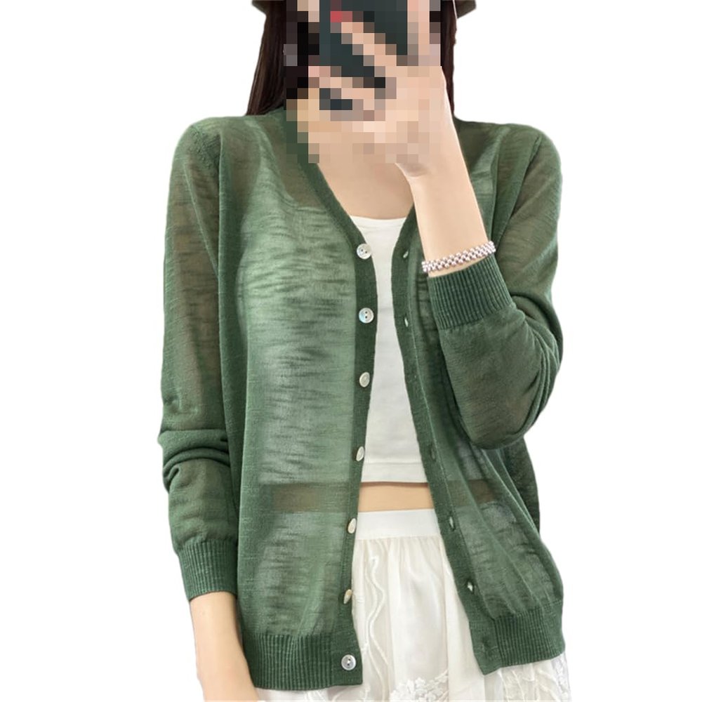 Women's Summer Flower Sand Silk Thin Knitted Cardigan T-Shirt V-Neck Sunscreen Button Coat EN8 L