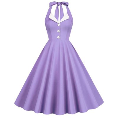 1950s Halter Dresses for Women Vintage Button Lapel Swing Dresses 50s 60s Purple Pin Up Dresses Audrey Hepburn Rockabilly Dresses with Pockets Lavender Small