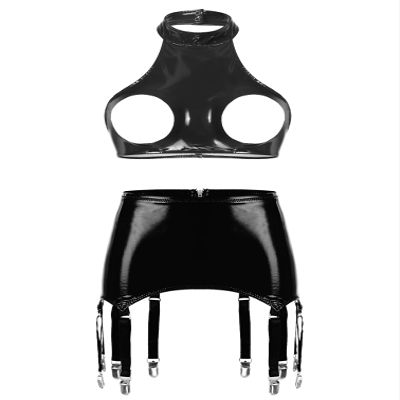 Linjinx Women's Sexy Club Outfits PVC Leather 2 Piece Crop Top with Skirt Set with Garter Belts Black Type A X-Large