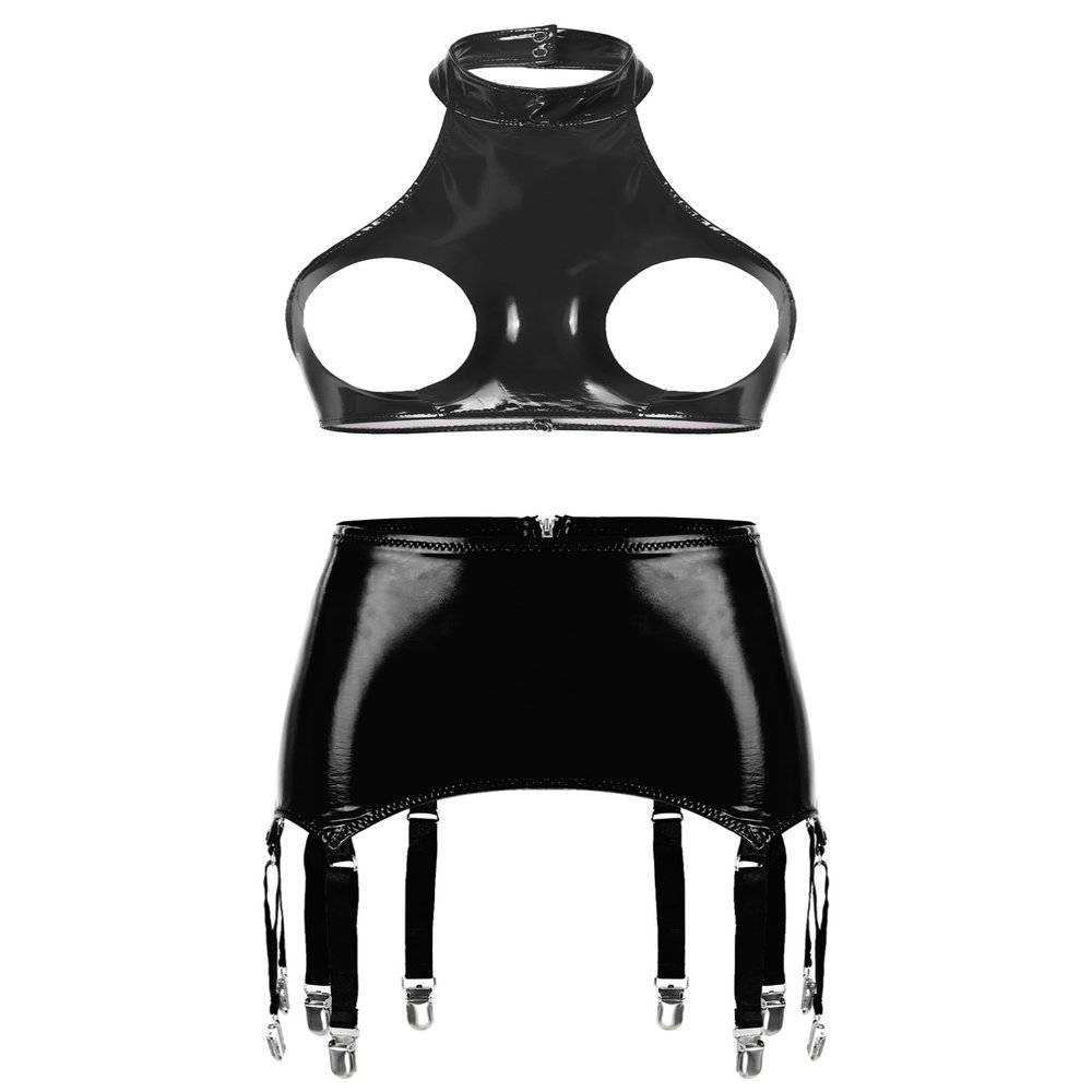 Linjinx Women's Sexy Club Outfits PVC Leather 2 Piece Crop Top with Skirt Set with Garter Belts Black Type A X-Large