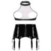 Linjinx Women's Sexy Club Outfits PVC Leather 2 Piece Crop Top with Skirt Set with Garter Belts Black Type A X-Large view 2