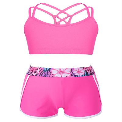 Moggemol Kids Girls 2 Piece Gymnastics/Dance/Sports Outfits Crop Tank Tops and Shorts Tankinis Athletic Swimsuit B#Rose02 12-14