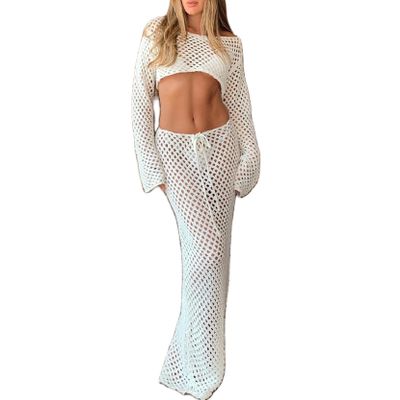 Adoeren Women Y2k Hollow Out Maxi Skirt Set Crochet Long Sleeve Tie Up Crop Top Bodycon Knitted Long Skirt 2 Piece Suits(A White,L)