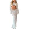 Adoeren Women Y2k Hollow Out Maxi Skirt Set Crochet Long Sleeve Tie Up Crop Top Bodycon Knitted Long Skirt 2 Piece Suits(A White,L) view 1