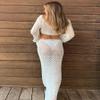 Adoeren Women Y2k Hollow Out Maxi Skirt Set Crochet Long Sleeve Tie Up Crop Top Bodycon Knitted Long Skirt 2 Piece Suits(A White,L) view 2
