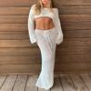Adoeren Women Y2k Hollow Out Maxi Skirt Set Crochet Long Sleeve Tie Up Crop Top Bodycon Knitted Long Skirt 2 Piece Suits(A White,L) view 4