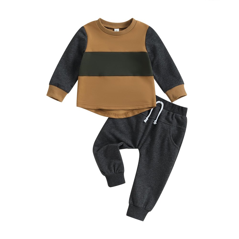 BOIBOKOKO Toddler Baby Boy Fall Winter Outfit Checkered Color Block Long Sleeve Sweatshirt Top Jogger Pants Cute Clothes Set (Gray, 6-12 Months)