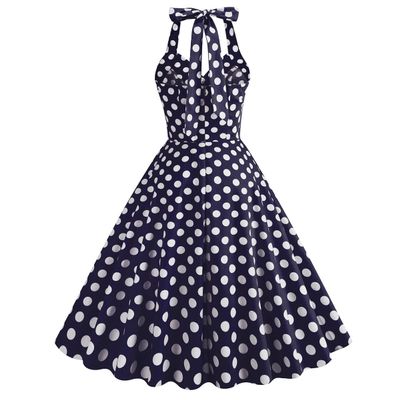 50 Halter Dresses with Pocket Vintage Polka Dot Dress for Women 50s Rockabilly Dresses 60s Fit and Flare Cocktail Dress Vintage Spring Tea Party Swing Dress Navy Polka Medium