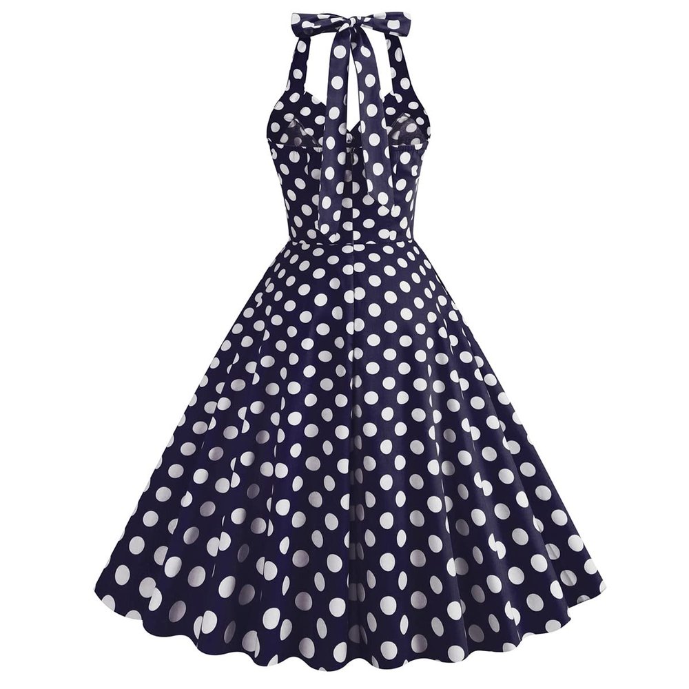 50 Halter Dresses with Pocket Vintage Polka Dot Dress for Women 50s Rockabilly Dresses 60s Fit and Flare Cocktail Dress Vintage Spring Tea Party Swing Dress Navy Polka Medium