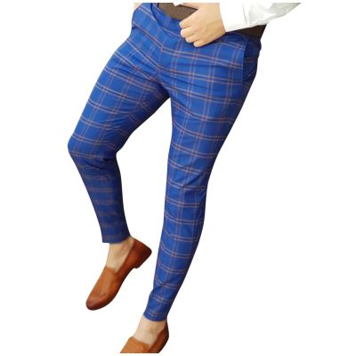 GOKKILRW Mens Chinos Elastic Waist Slim Fit Stretch Plaid Flat-Front Skinny Golf Dress Pants Business Suit Pants Casual Work Pencil Lounge Pajamas Pants(Blue,Small)