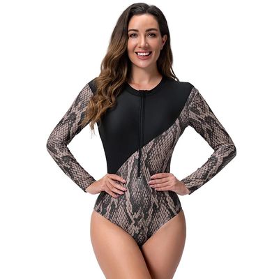 Women's One Piece Swimsuits Sports Athletic Training Bathing Suit Color Block Long Sleeve Rash Guard Zipper Front Surfing Diving Swimming Costume Sun Protection Wetsuit Snake Skin S