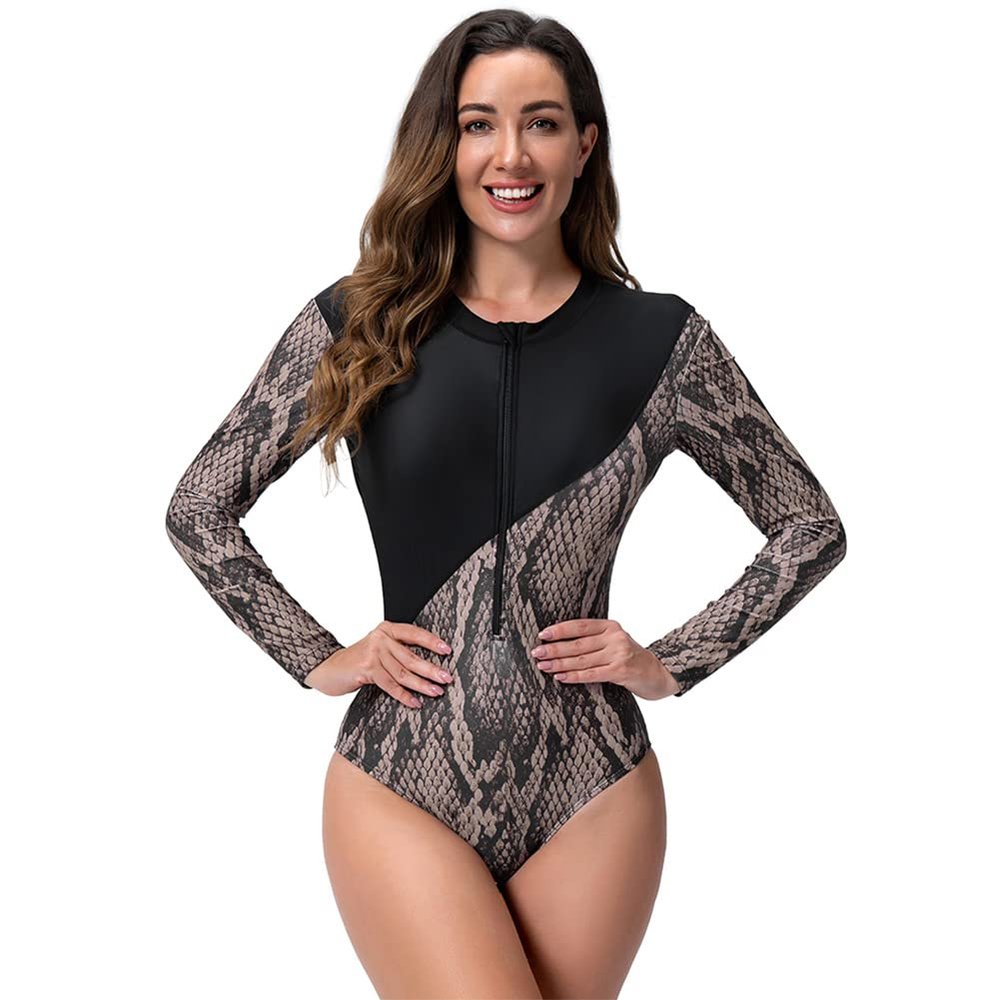 Women's One Piece Swimsuits Sports Athletic Training Bathing Suit Color Block Long Sleeve Rash Guard Zipper Front Surfing Diving Swimming Costume Sun Protection Wetsuit Snake Skin S
