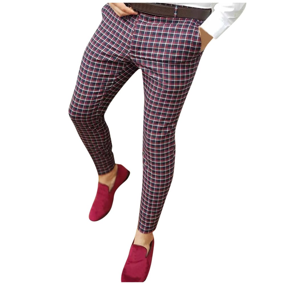 GOKKILRW Mens Chinos Elastic Waist Slim Fit Stretch Plaid Flat-Front Skinny Golf Dress Pants Business Suit Pants Casual Work Pencil Lounge Pajamas Pants(Wine,Medium)