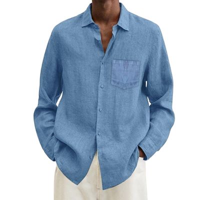 GOKKILRW Mens Long Sleeve Cotton Linen Shirt Casual Button Down Beach Linen Fishing Hiking Tee Shirts Spread Collar Summer Lightweight Plain Yoga Hawaiian Tops(Sky Blue,4X-Large)
