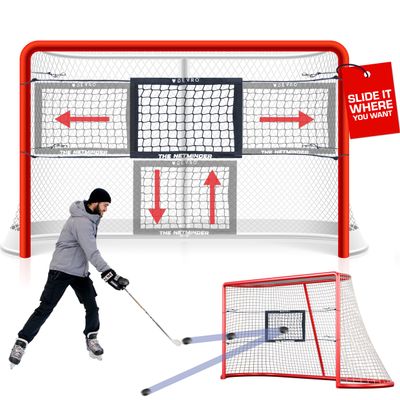 The Netminder Hockey Net Targets - Lacrosse Goal Targets - Hockey Training Equipment - Metal Goals or Plastic Nets - Sliding Target - Returns Pucks & Lacrosse Balls with Ease (1 Mesh Rebounder)