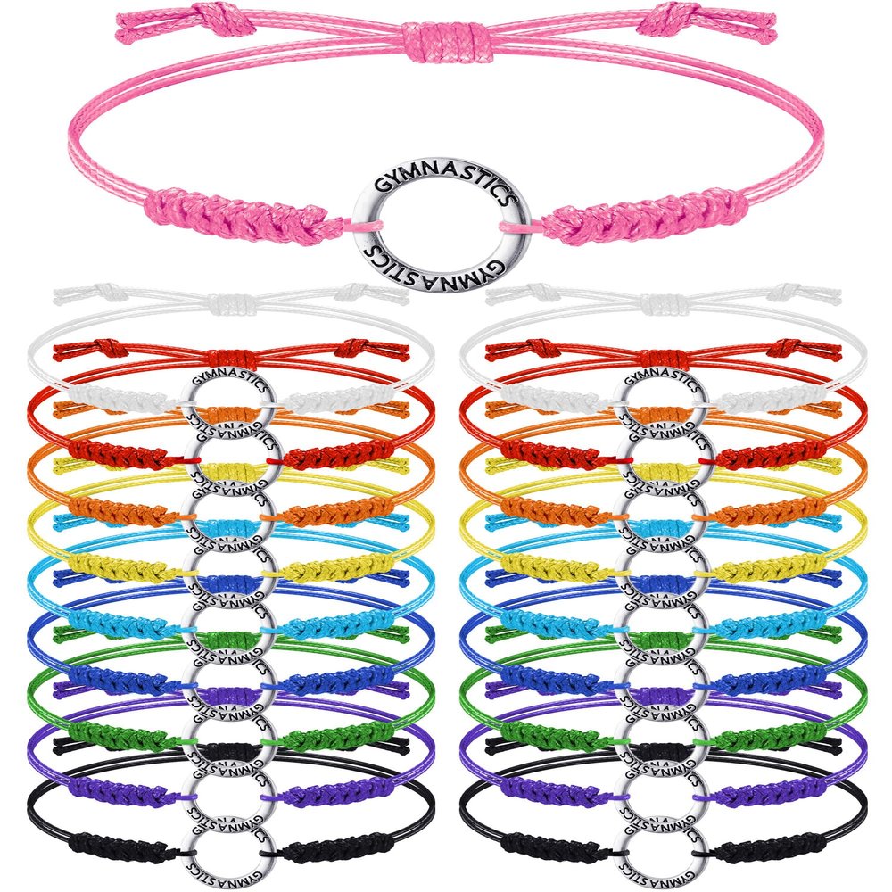 Kigeli 20 Pcs Gymnastics Bracelet Braided Wax Rope Gymnastics Gifts Bulk Adjustable Chain Jewelry for Gymnast Women Men Team Party Favors, 10 Colors (Multicolored)