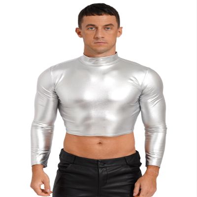 Alvivi Mens Shiny Mock Neck Long Sleeve T-Shirts Tops Metallic Glitter Disco Club Party Tank Tops Silver Large