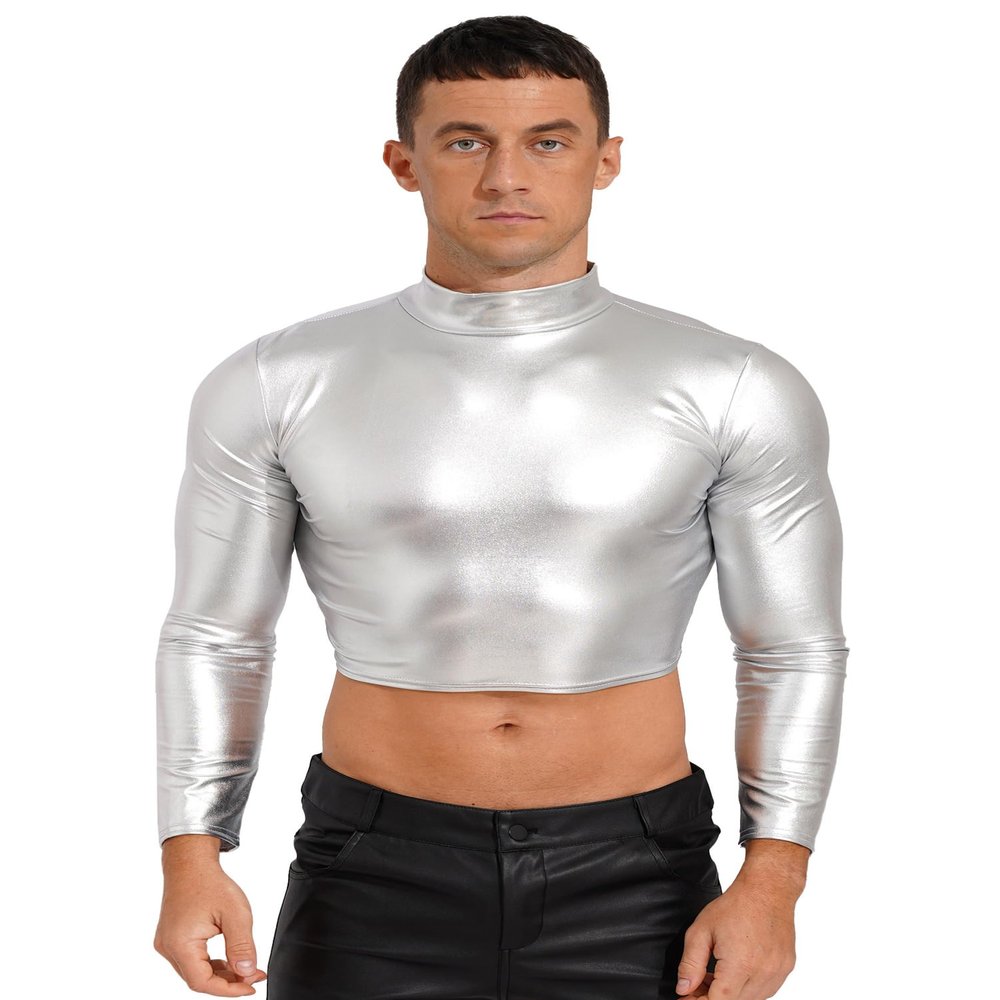 Alvivi Mens Shiny Mock Neck Long Sleeve T-Shirts Tops Metallic Glitter Disco Club Party Tank Tops Silver Large