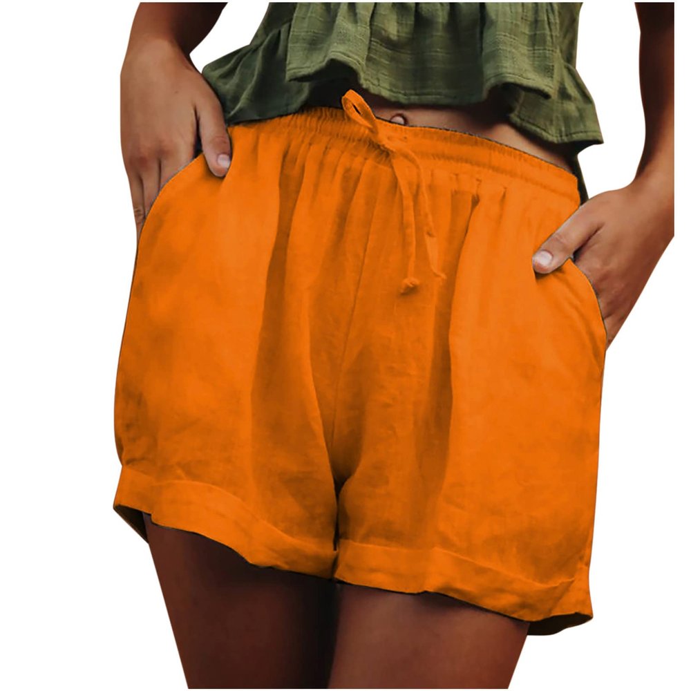 Womens Casual Cotton Shorts Drawstring Comfy Elastic Waist Yoga Shorts Summer Gym Athletic Hot Short with Pockets Yellow