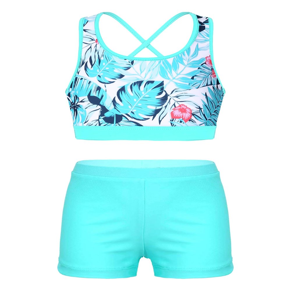 Nikiikoo Kids Girls 2Pcs Activewear Set Gymnastics Dance Sports Bra Crop Tops and Booty Shorts Tankini Swimsuit C#Leaves06 8 Years
