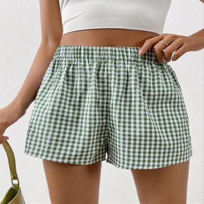 AKIOLOAS Women's Shorts Gingham Print Elastic Waist Shorts Women's Shorts Shorts for Women (Color : Green, Size : Medium)