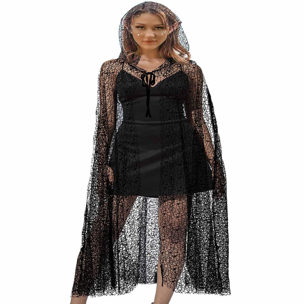 EASEDAILY Black Hooded Cape Gothic Cloak Witch Halloween Costume Mesh Long Robe for Women and Girls