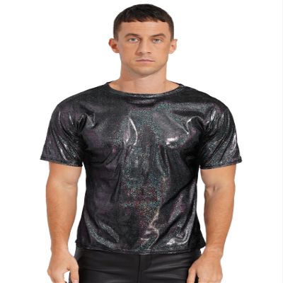 CHICTRY Men Shiny Metallic Short Sleeve T-Shirt Glossy Top for Dance Party Rave Festival Dark Grey X-Large